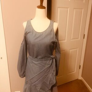 Express Small Chambray Cold Shoulder Wrap Dress Long Sleeve